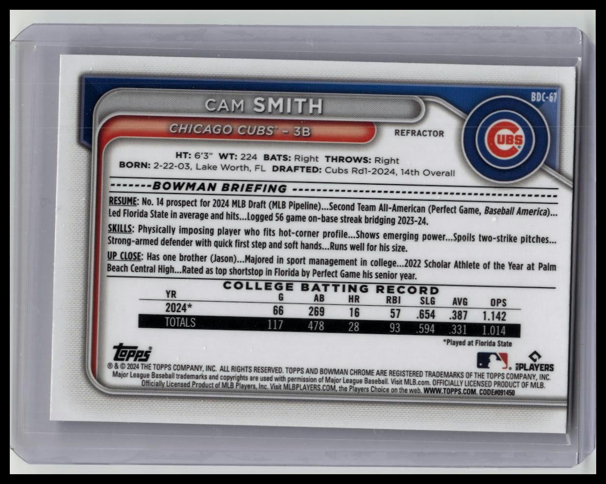 2024 Bowman Draft Chrome Cam Smith 🔥 1st Bowman Refractor #BDC-67