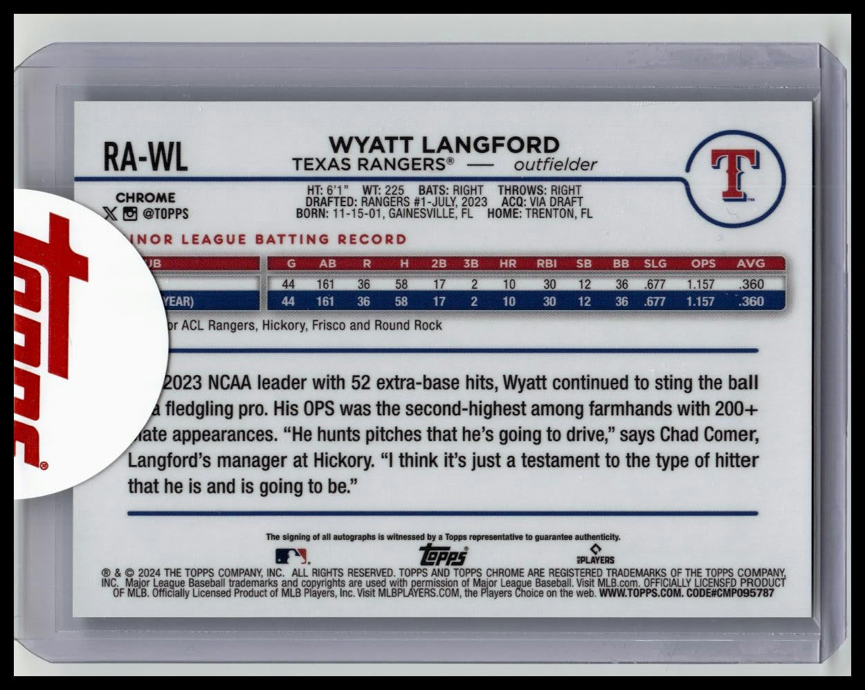 WYATT LANGFORD 2024 TOPPS CHROME UPDATE RC GREEN YELLOW LAVA LAMP AUTO /85 RA-WL