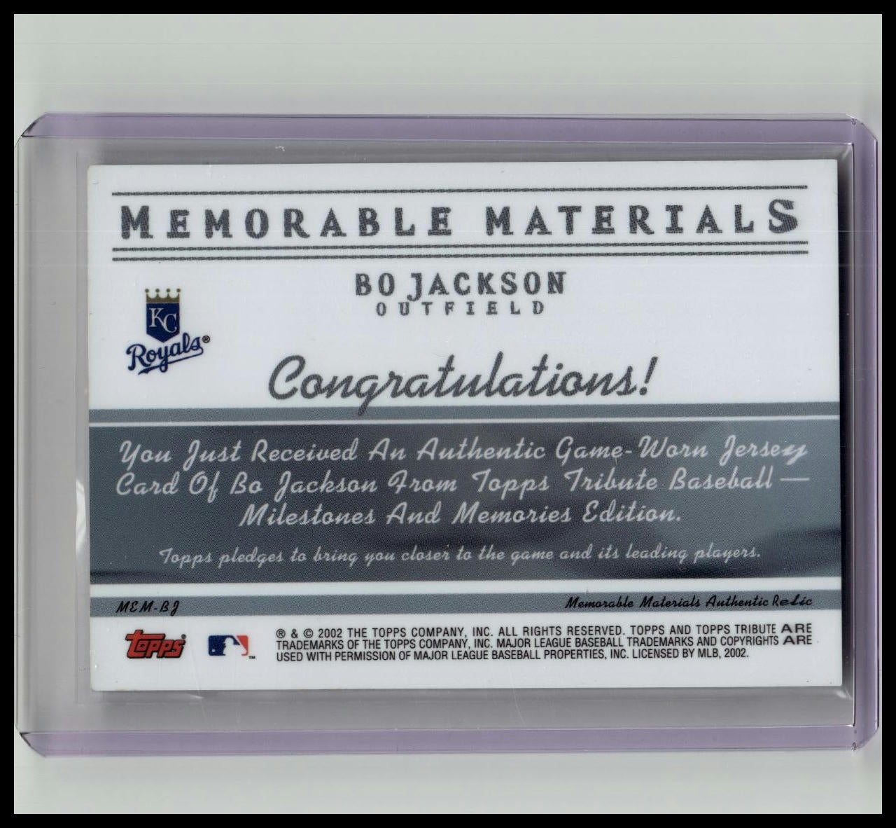 BO JACKSON 2002 TOPPS TRIBUTE MEMORABLE MATERIALS DUAL GAME USED JERSEY