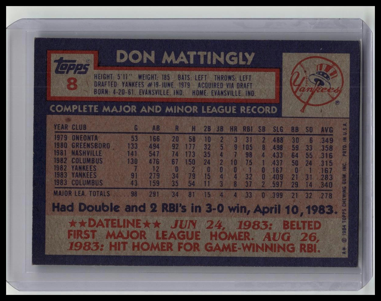 1984 Topps #8 Don Mattingly RC Rookie YANKEES