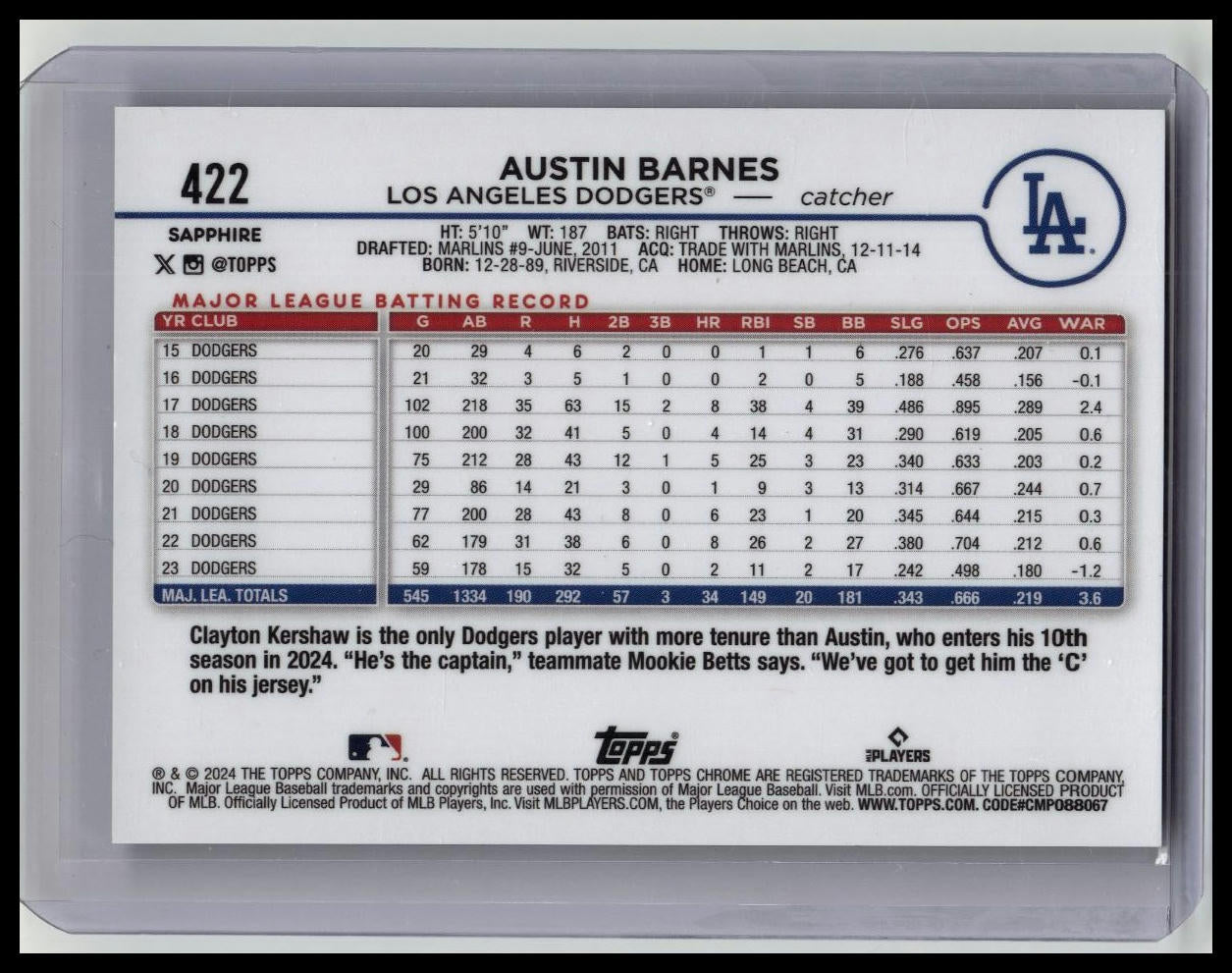 2024 Topps Chrome Sapphire Edition Black /10 Austin Barnes #422