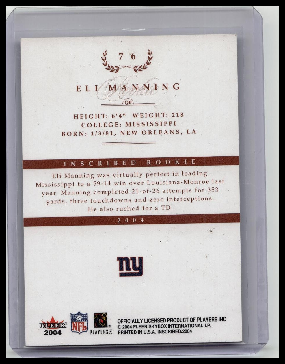 2004 Fleer Inscribed Eli Manning Rookie Card RC /750 New York Giants