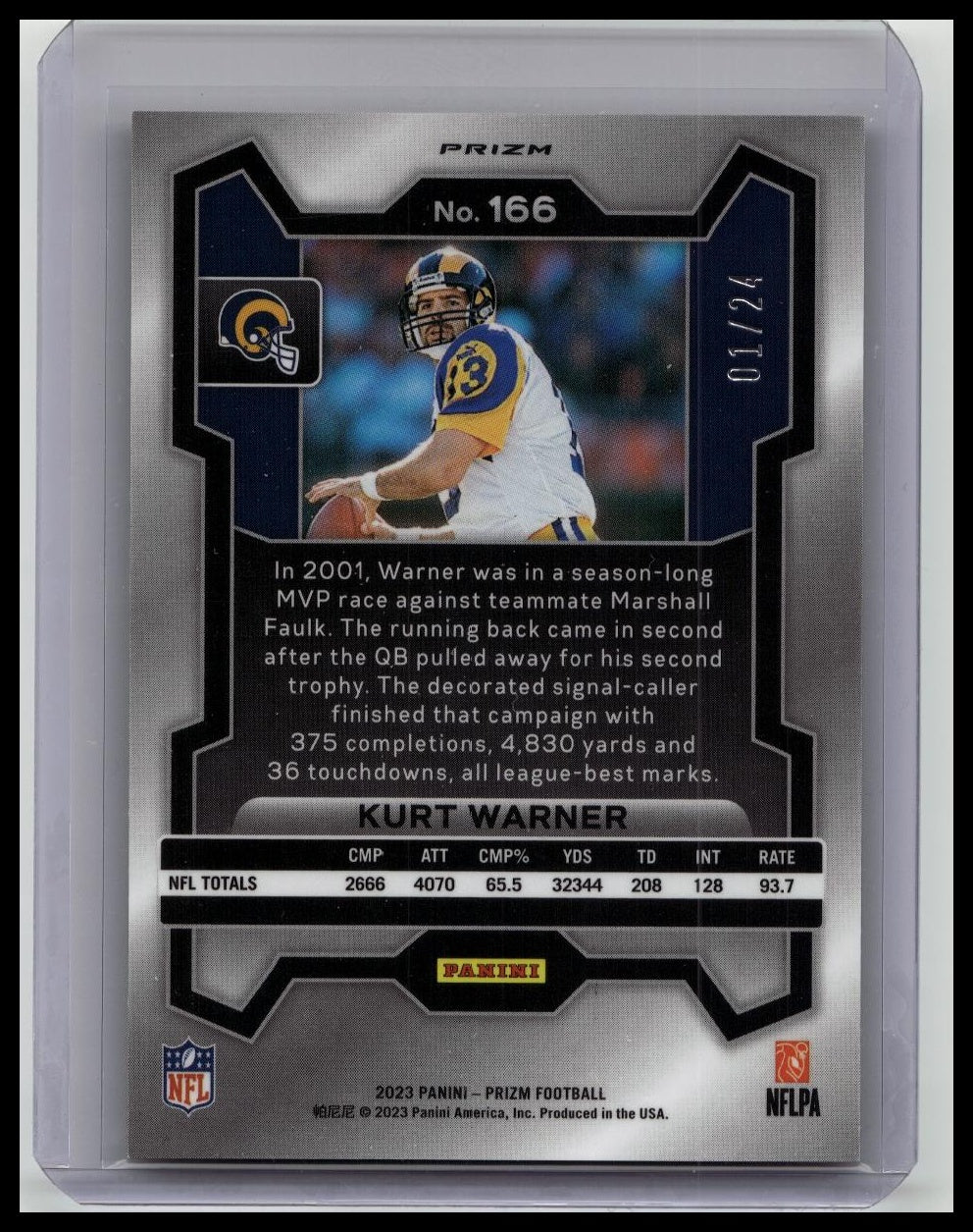 KURT WARNER 🔥 RARE SSP #’d /24 🔥 2023 Panini Prizm GOLD Sparkle #166 HOF Rams