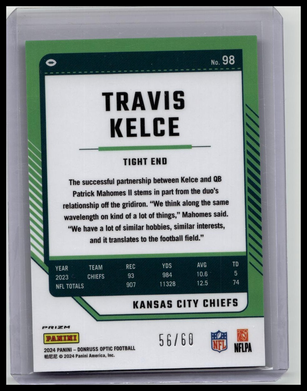2024 Donruss Optic Travis Kelce Purple Prizm /60 SSP