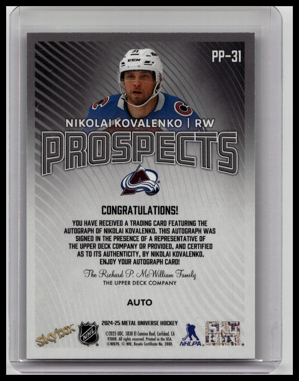 2024-25 Metal Universe Premium Prospects #PP-31 Nikolai Kovalenko Auto