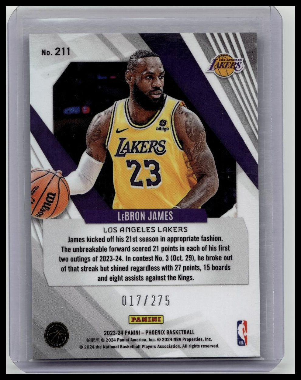 LEBRON JAMES 2023-24 Panini Phoenix PURPLE PRIZM /275 #211 Los Angeles Lakers