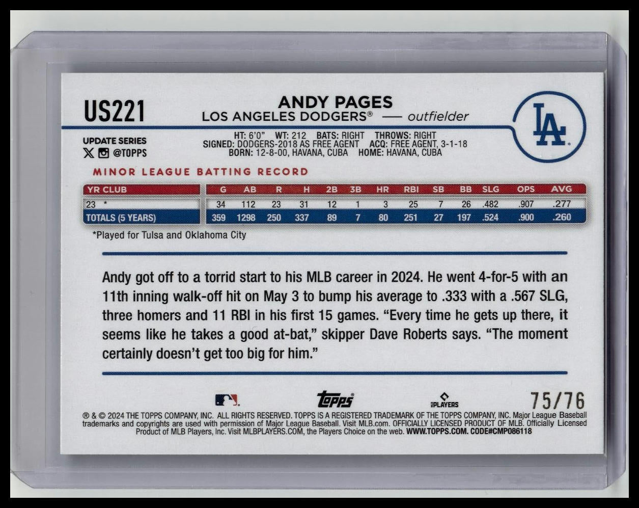 2024 Topps Update Andy Pages Independence Day Parallel Rookie RC US221 /76