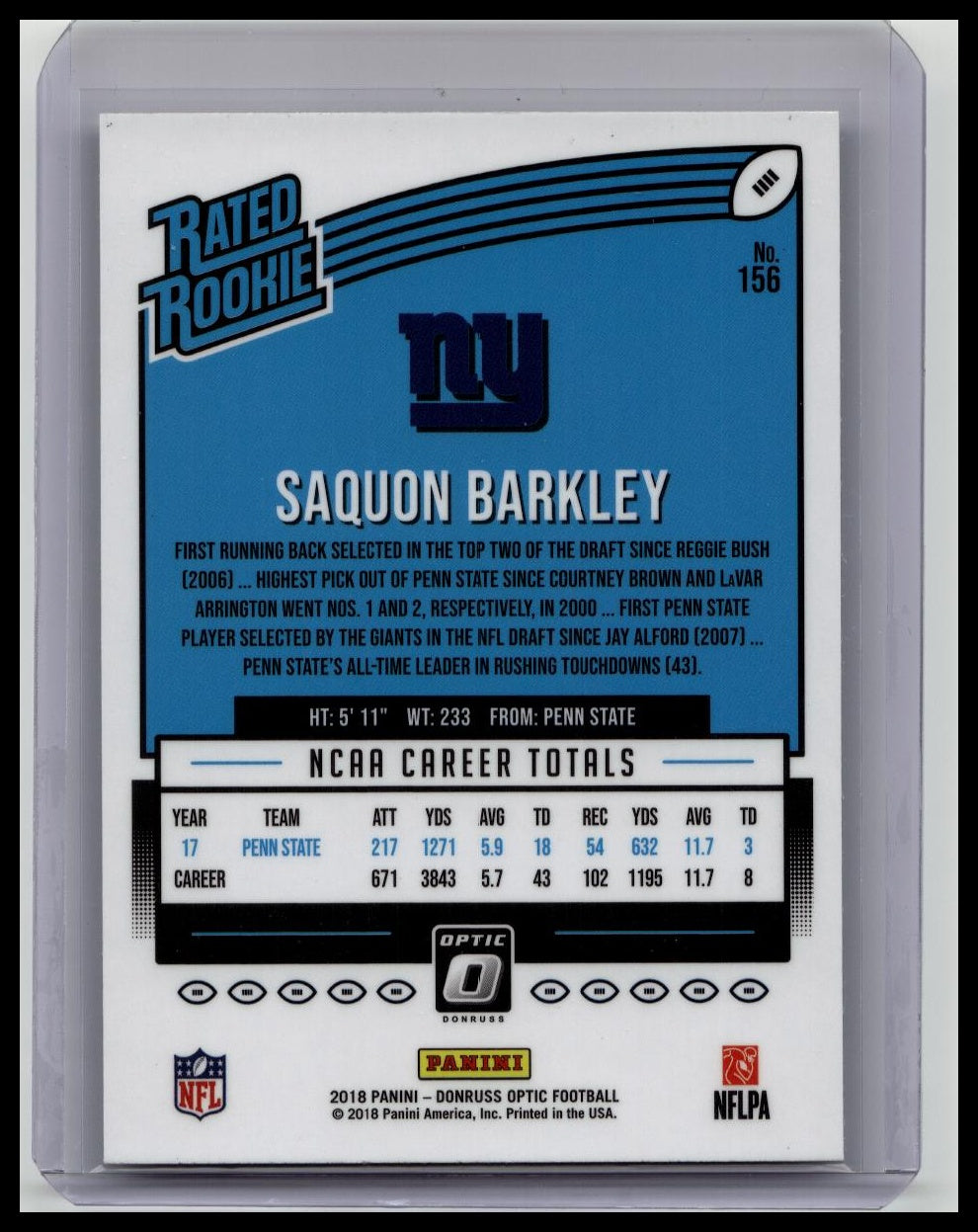 Saquon Barkley 2018 Donruss Optic Football Rated Rookie #156 - Giants