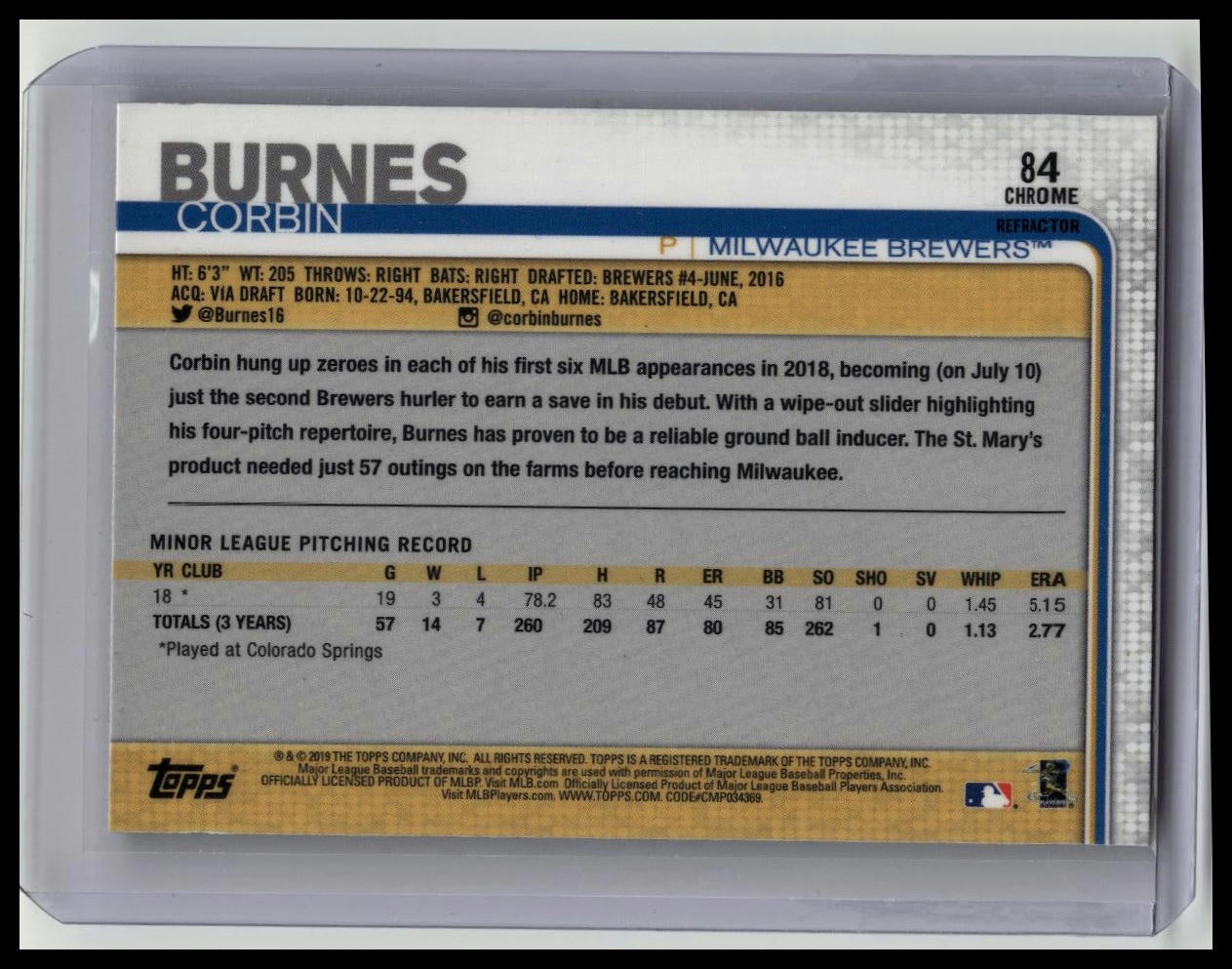 2019 Topps Chrome - X-Fractor #84 Corbin Burnes Rookie (RC)