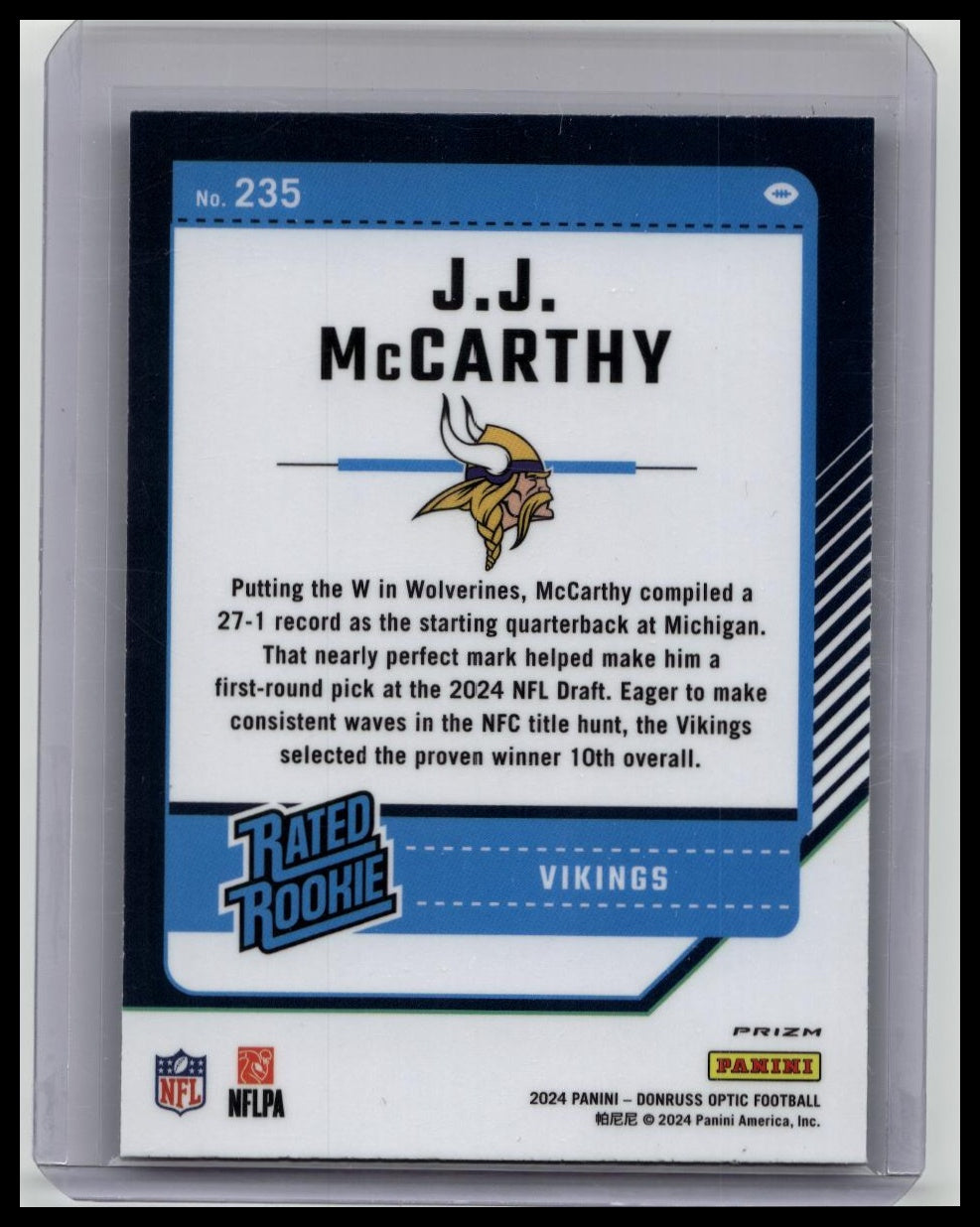 2024 Panini Donruss Optic - Rated Rookie J.J. McCarthy #235 Purple Shock