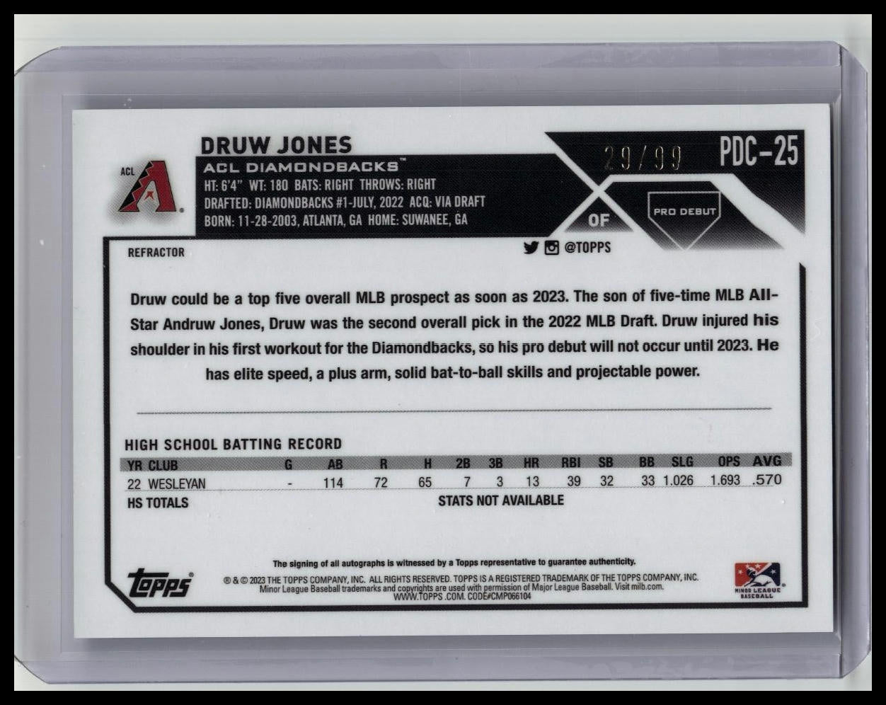 2023 Topps Pro Debut Chrome Druw Jones Auto Refractor /99 Diamondbacks Rookie