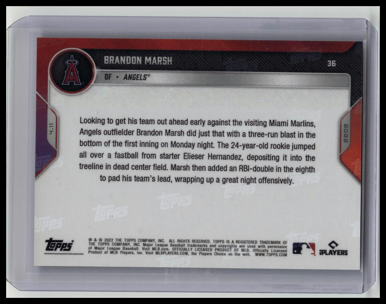 2022 TOPPS NOW #36 BRANDON MARSH ANGELS ROOKIE 3-run HR 4 RBI Blue Parallel 42/49