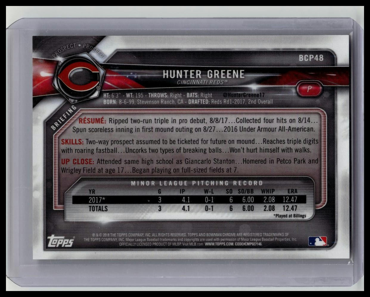 2018 Bowman Chrome Prospects #BCP48 Hunter Greene 1st Gold /50