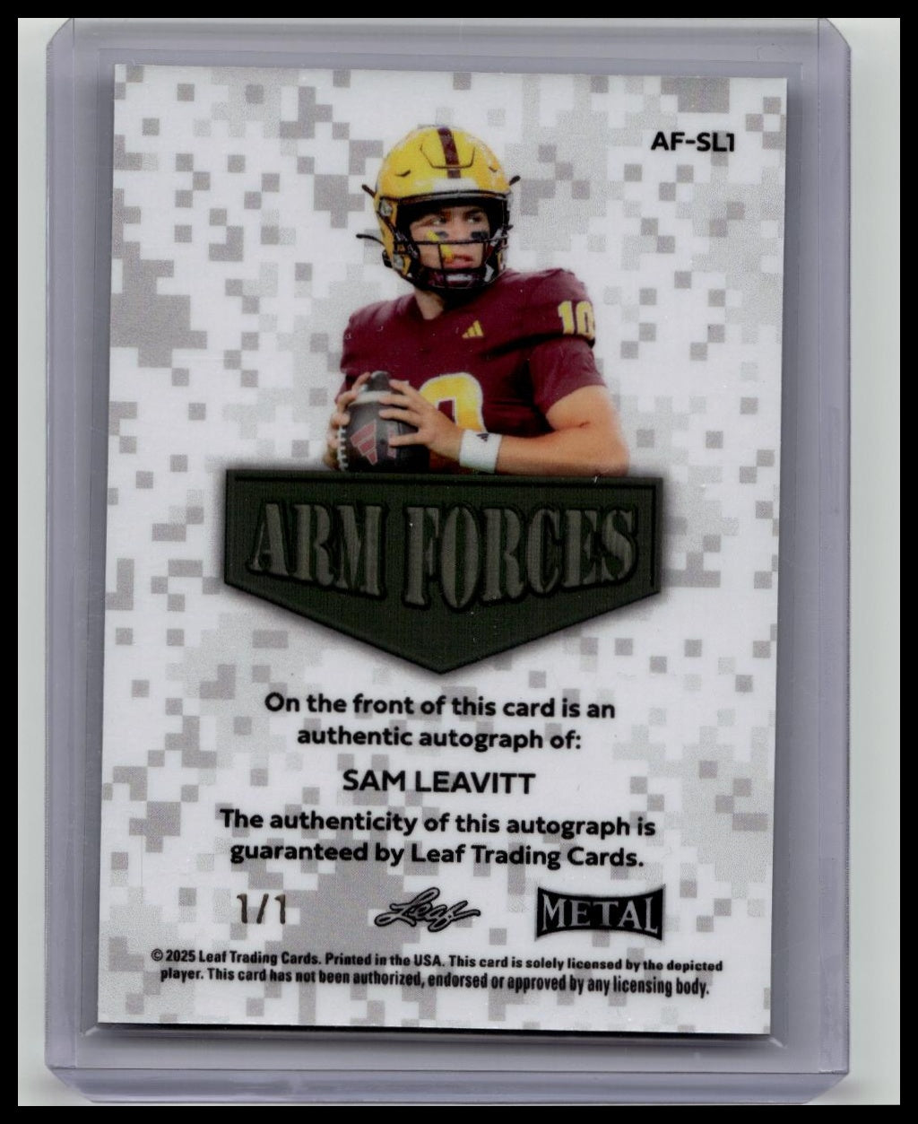 SAM LEAVITT 2025 LEAF METAL FOOTBALL ARM FORCES RED CAMO AUTOGRAPH ONE OF ONE 1/1 AUTO