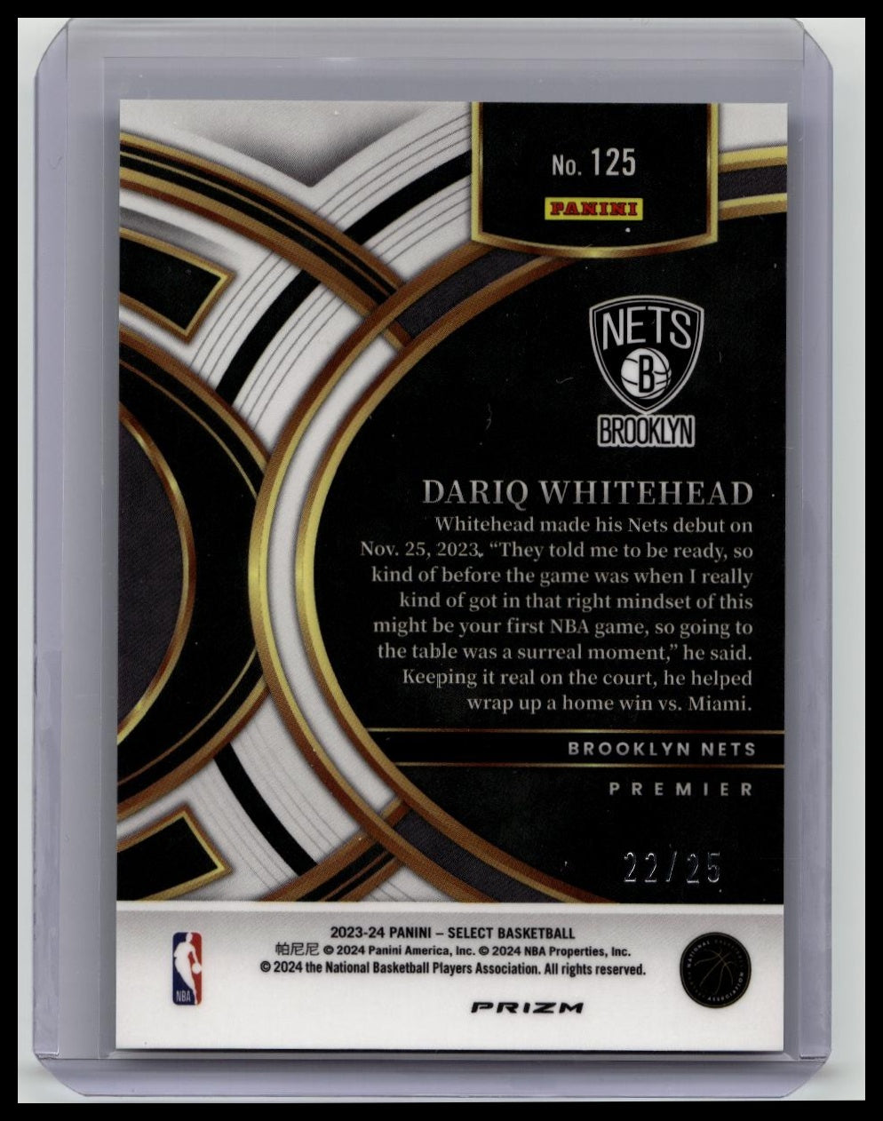 2023-24 Panini Select Dariq Whitehead Rookie Premier Blue Disco /25 RC #125