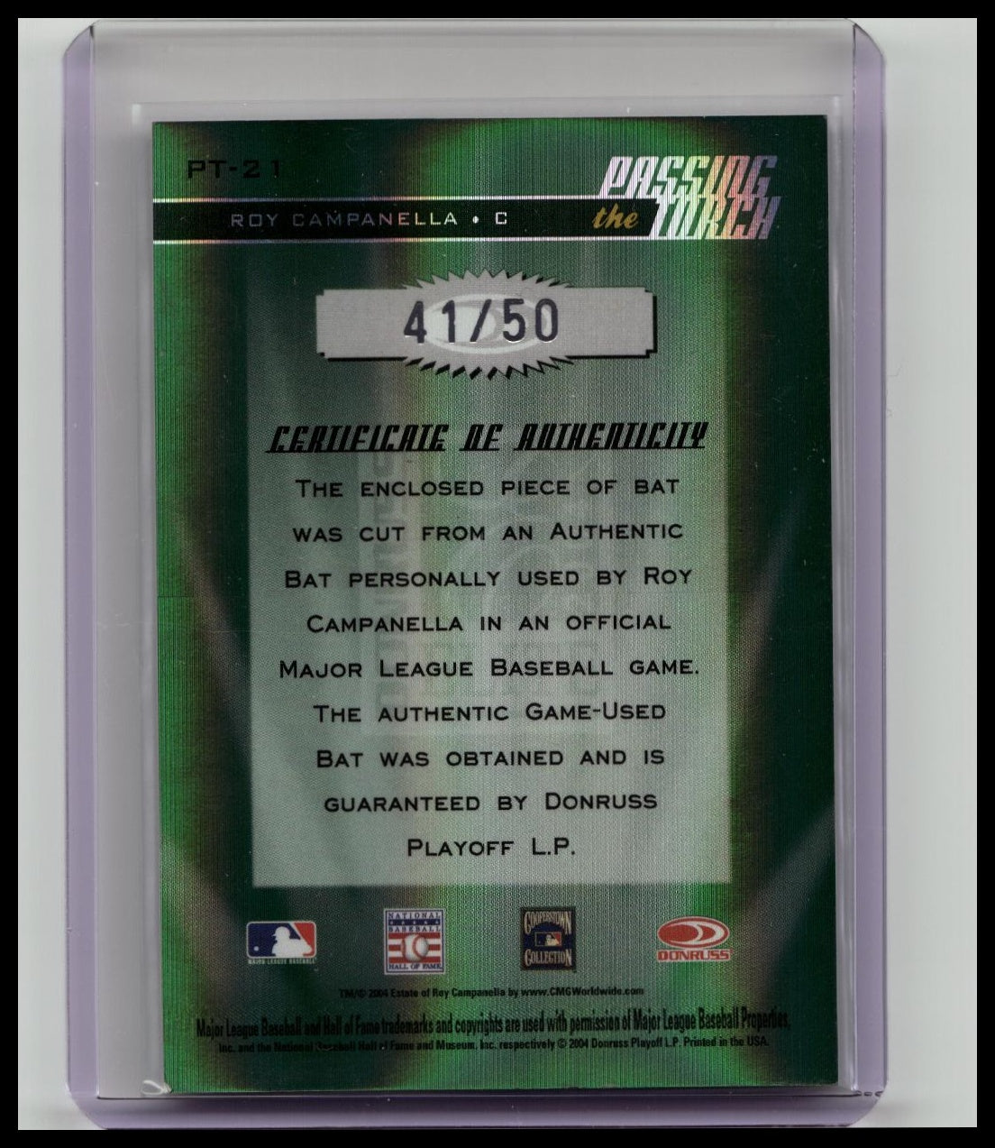 2004 Donruss Elite Roy Campanella Passing The Torch Game Used Bat Relic Green /50