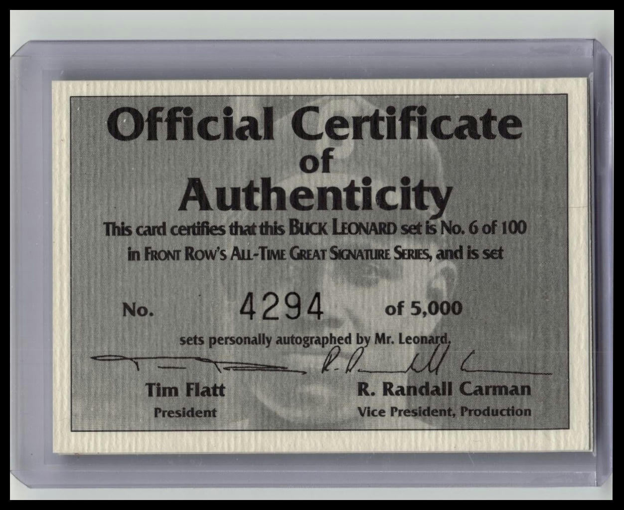 1992 Front Row BUCK LEONARD Autograph /5000 #1 Auto WITH COA