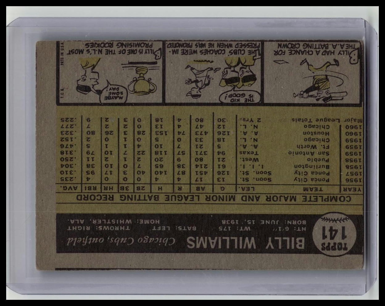 1961 TOPPS BILLY WILLIAMS #141 RC ROOKIE CHICAGO CUBS