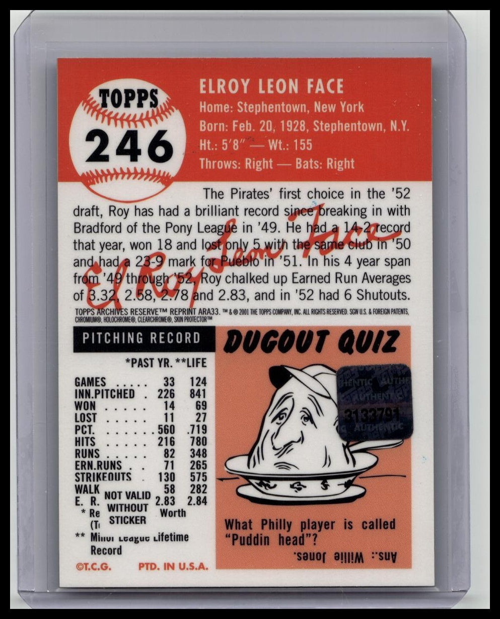 2001 Topps Archives Reserve ROY FACE Pittsburgh Pirates AUTO