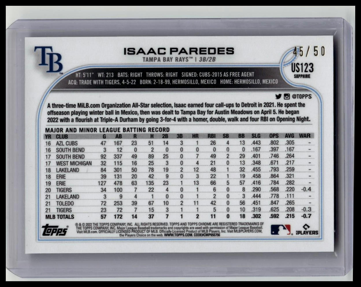 2022 Topps Chrome Update Sapphire ISAAC PAREDES #US123 Tampa Bay Rays Gold /50