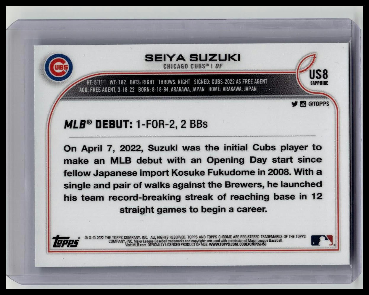 2022 Topps Chrome Update Sapphire #US8 Seiya Suzuki Cubs RC Rookie Debut