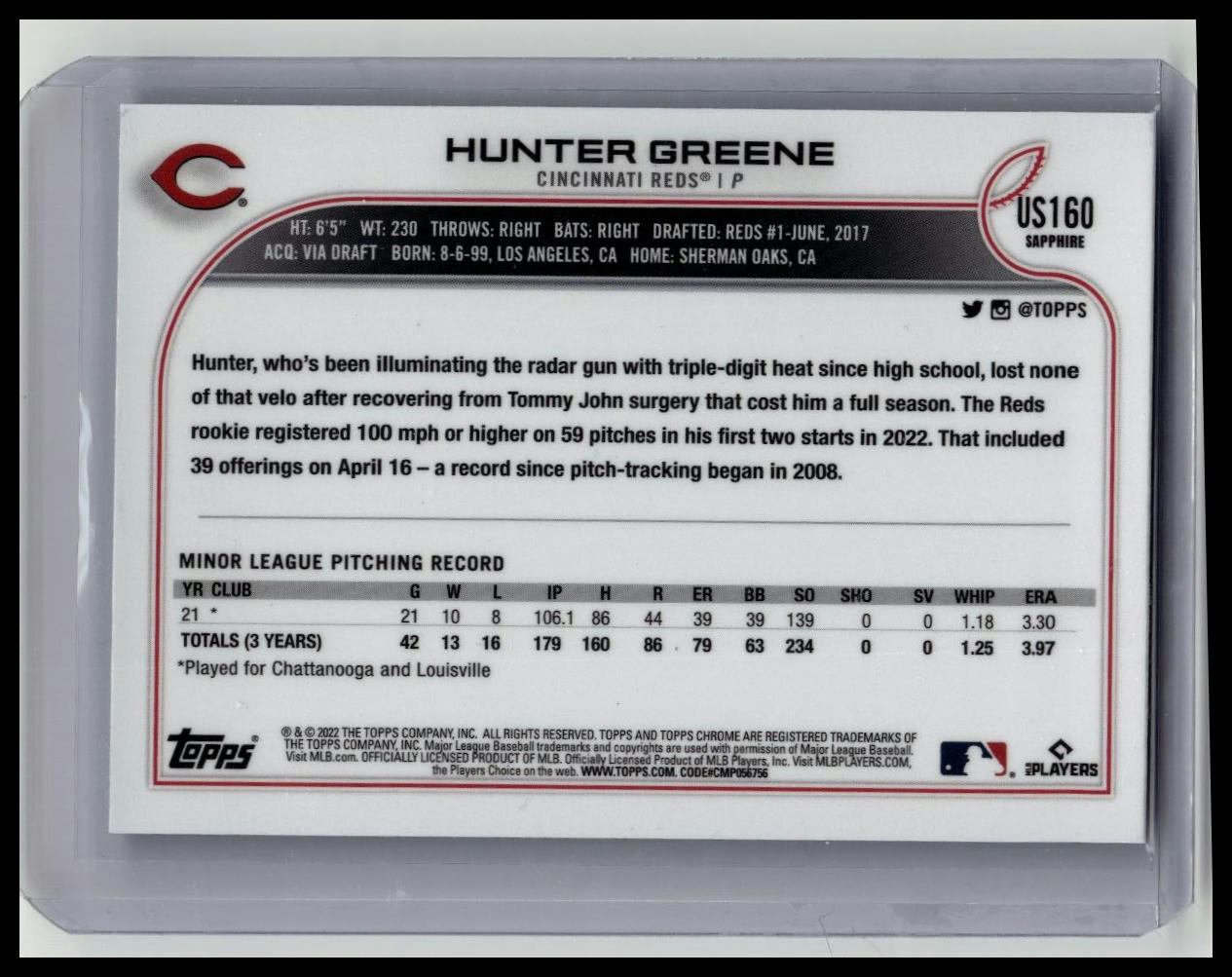 2022 Topps Chrome Update Sapphire Hunter Greene Rookie Cincinnati Reds #US160