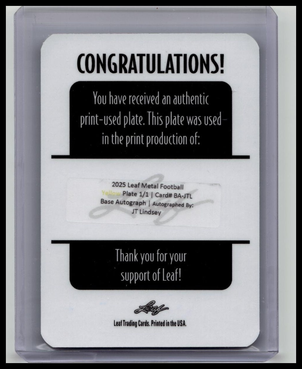 JT Lindsey 2025 Leaf Metal Football Printing Plate AUTO 1/1