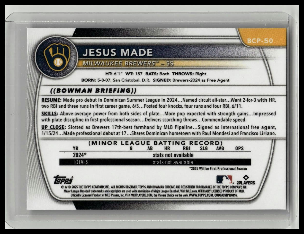 2025 Bowman Chrome Jesus Made 1st Bowman Reptilian Refractor #BCP-50 Brewers