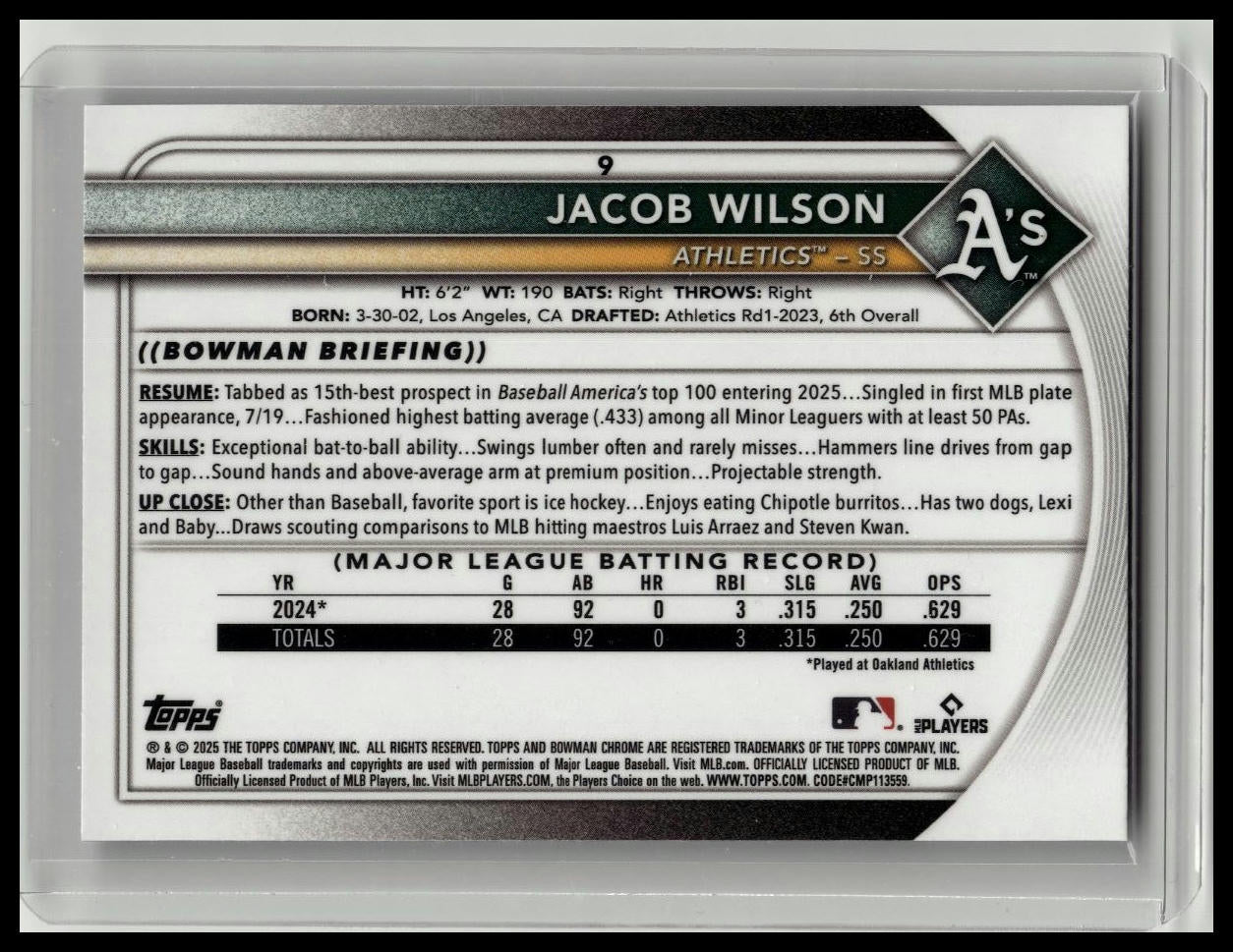 Jacob Wilson 2025 Bowman Chrome Red Rookie RC Logo Refractor Redemption SP