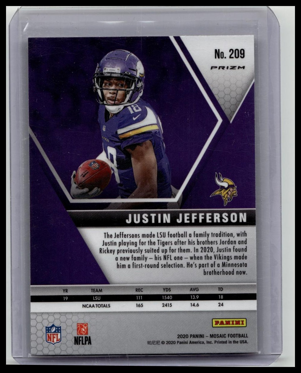 2020 Panini Mosaic #209 Justin Jefferson Rookie RC Reactive Green Prizm