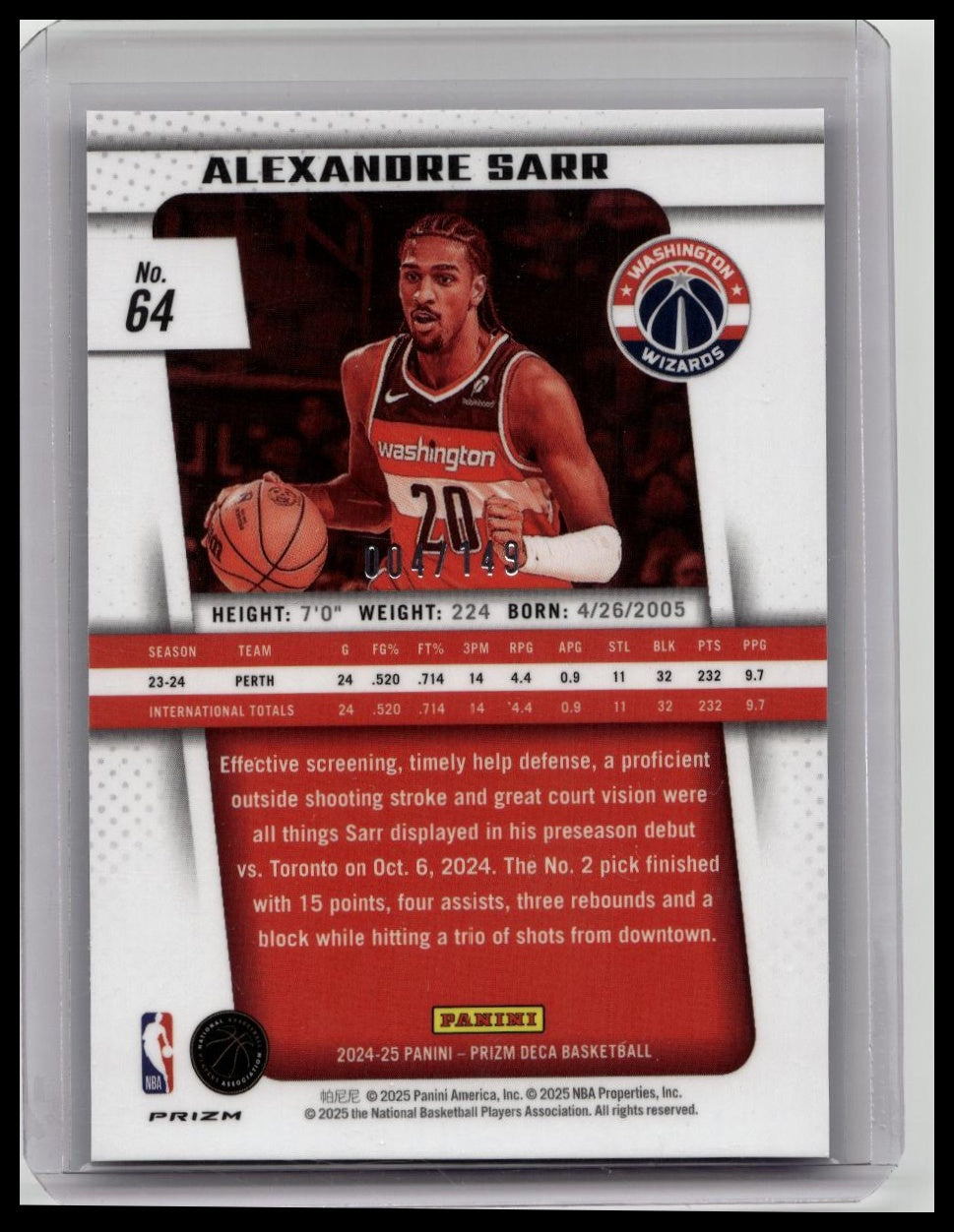2024-25 Panini Prizm Deca Alexandre Sarr RC Blue Prizm Rookie /149 Wizards