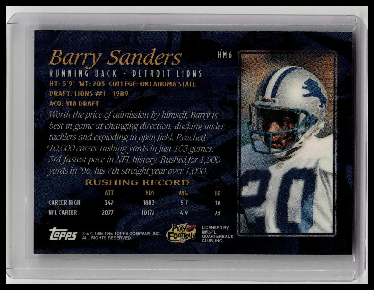 1996 TOPPS HOBBY MASTERS INSERT BARRY SANDERS #HM6 Detroit Lions HOF