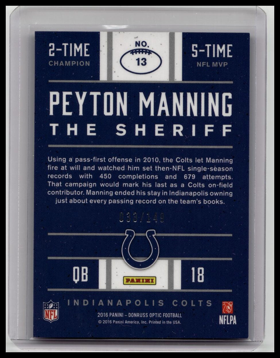2016 Panini PEYTON MANNING /149 Optic The Sheriff Prizm Blue