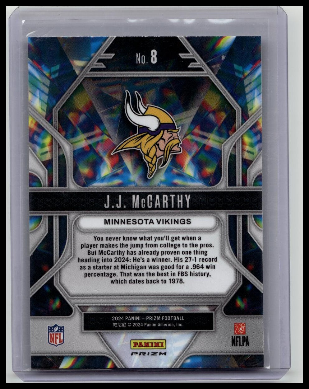 2024 PRIZM J.J. McCarthy Rookie RC Vikings Prizmatic TRUE SILVER Parallel