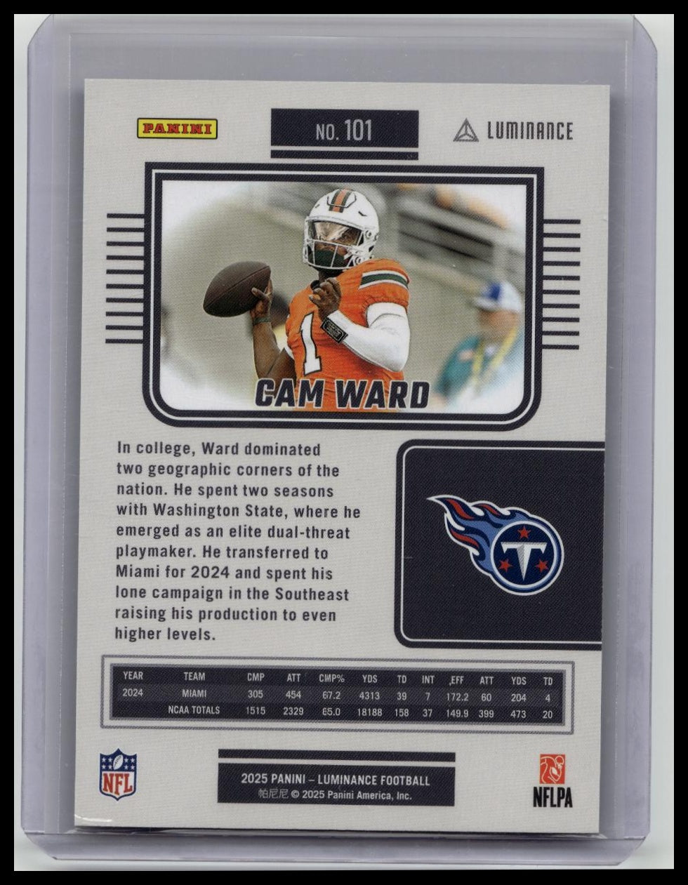 2025 Panini Luminance Cam Ward #101 Purple /249 Tennessee Titans RC