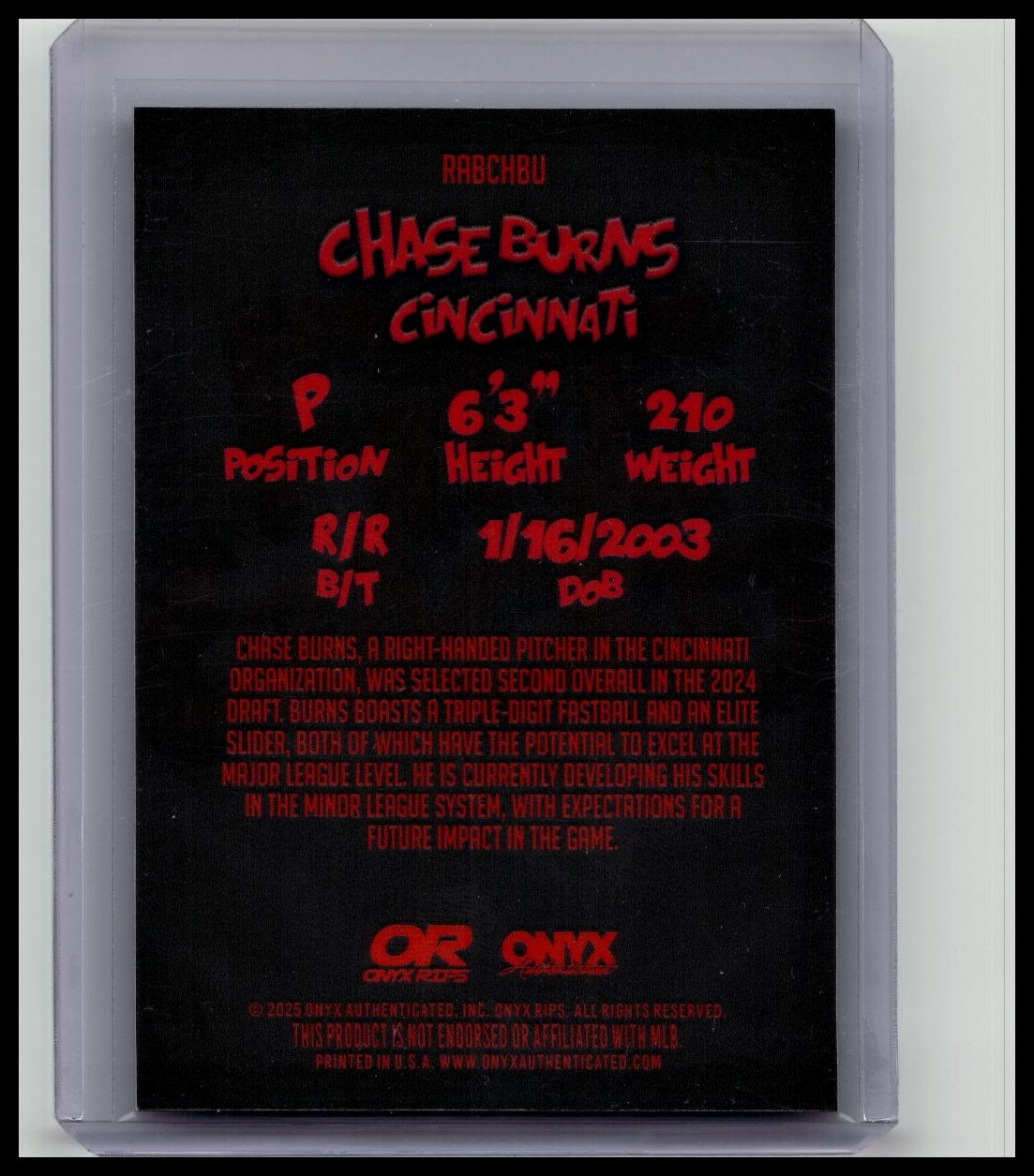 2025 Onyx Rips #/50 Black Crystal Chase Burns "Fire Cracker" Nickname SSP