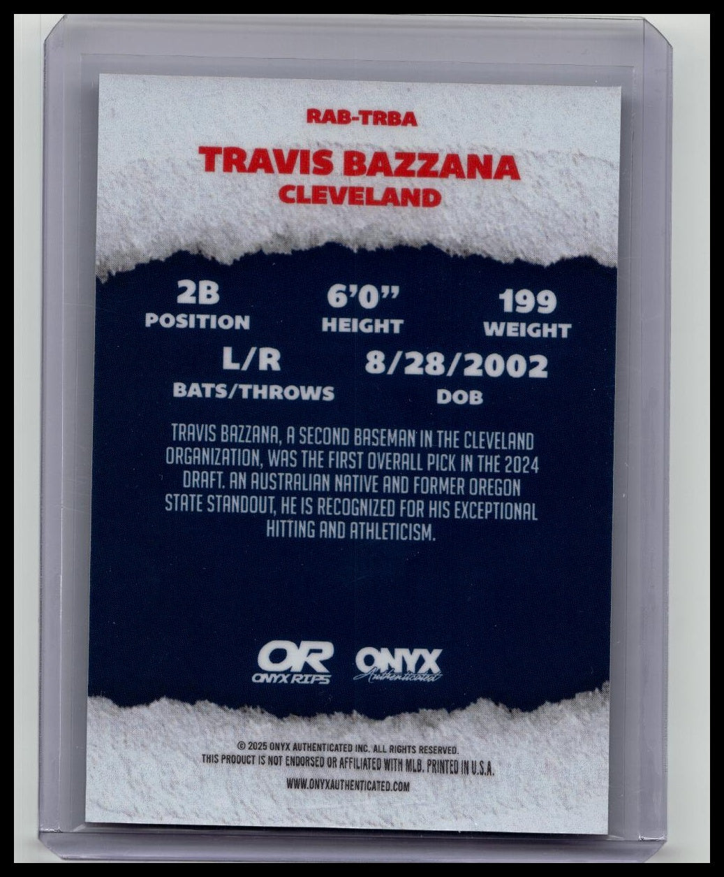 2025 Onyx Rips #RAB-TRBA Travis Bazzana Auto On Card