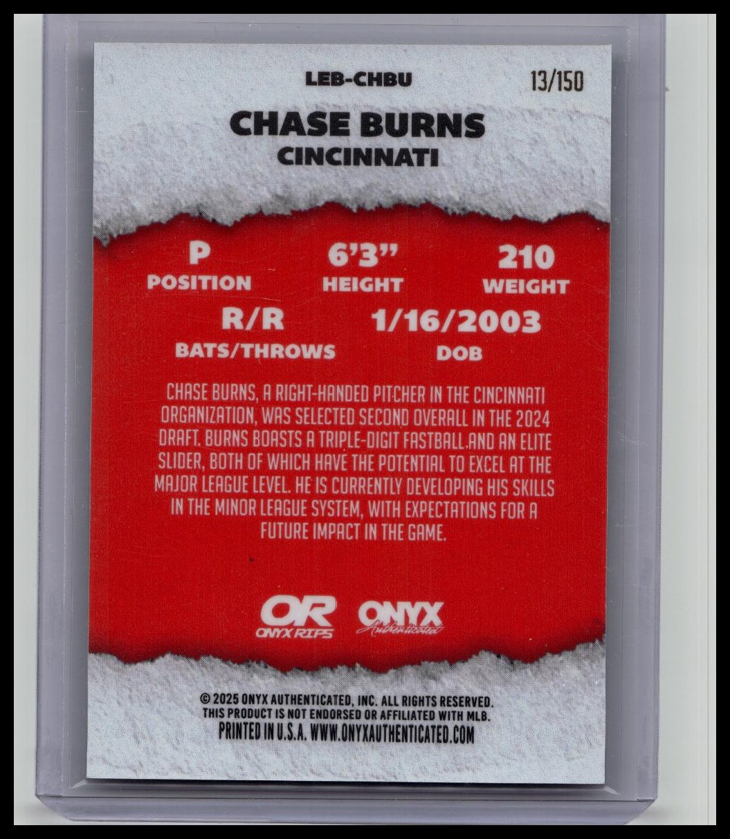 2025 Onyx RIPS LE Limited Edition Chase Burns Auto /150 Cincinnati Reds RARE