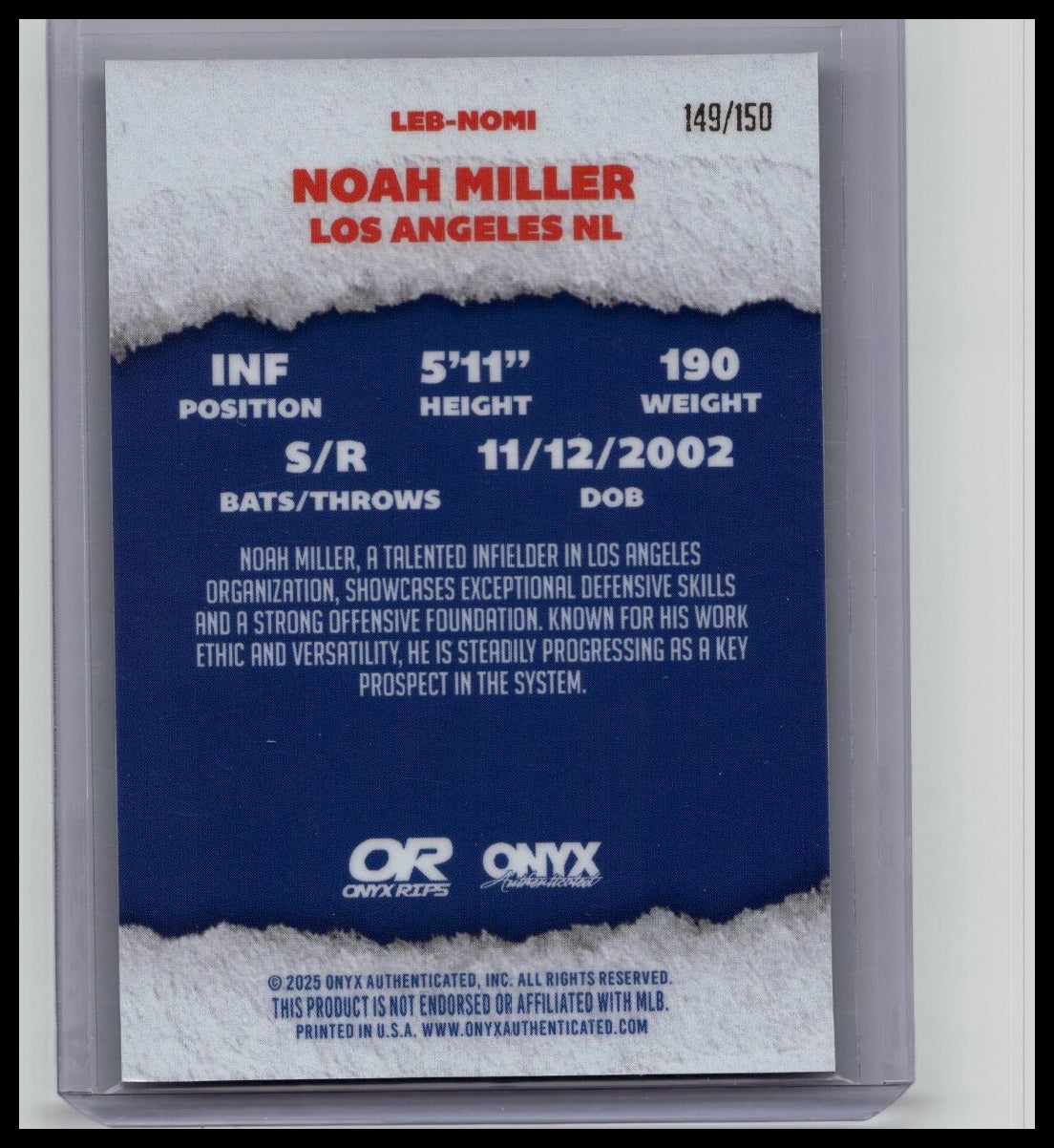 2025 Onyx Rips /150 Limited Edition Noah Miller Auto