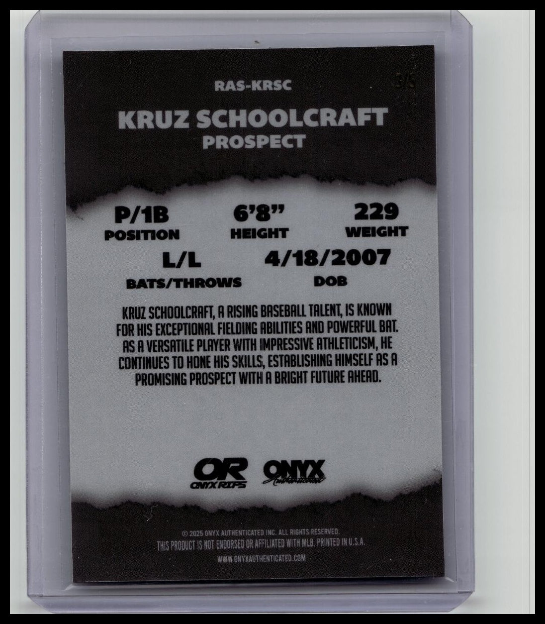 2025 Onyx Rips Kruz Schoolcraft On Card Auto