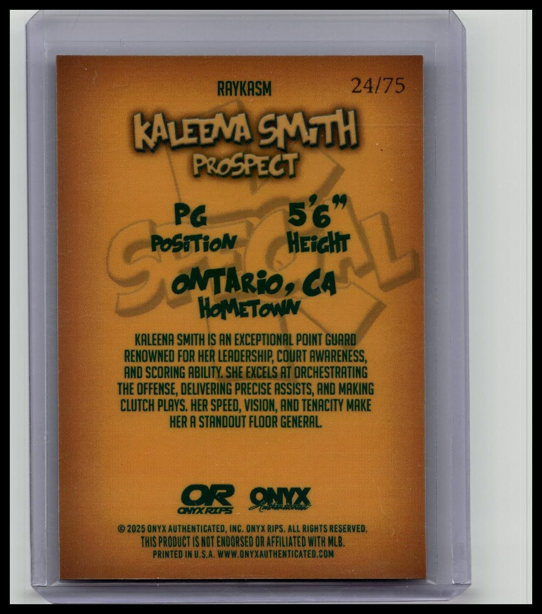 2025 Onyx Authenticated Onyx Rips Kaleena Smith `Special K” Nickname SSP /75