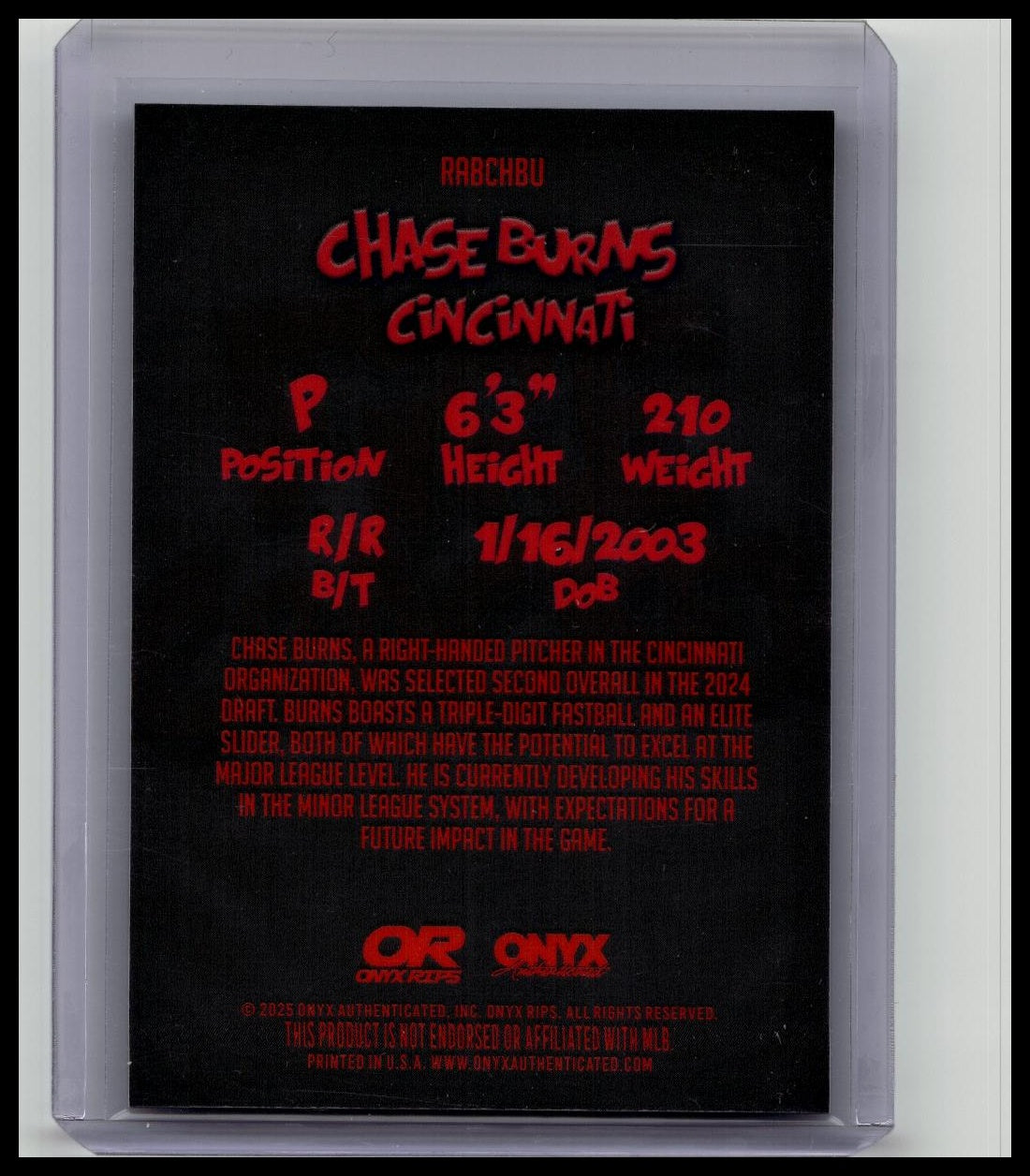 2025 Onyx Rips #/50 Black Crystal Chase Burns "Fire Cracker" Nickname SSP