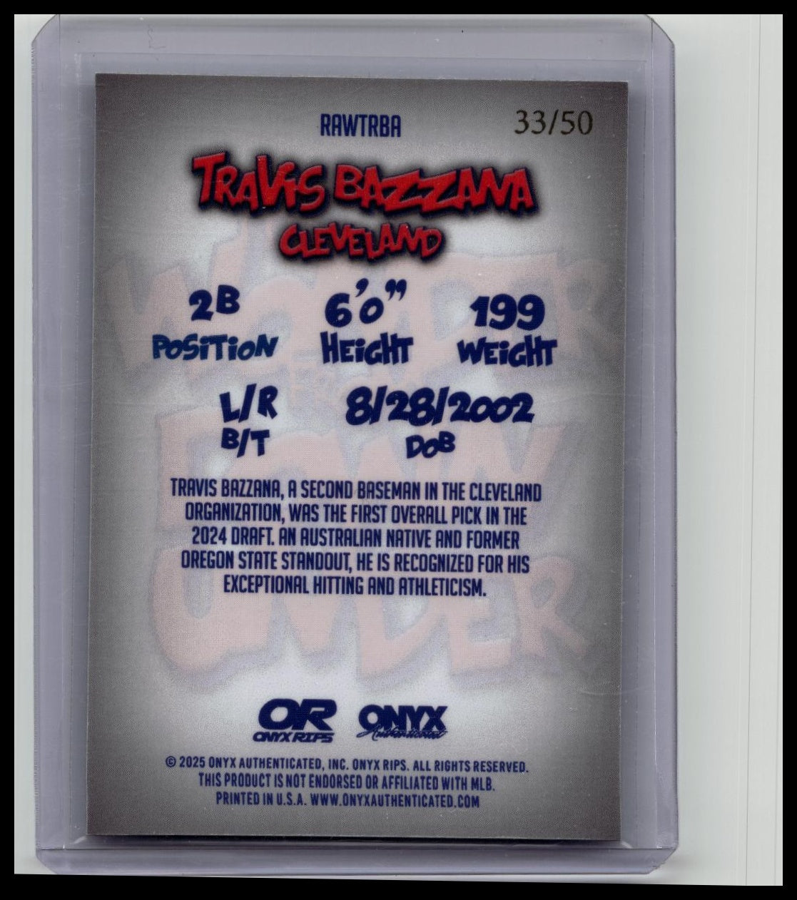 2025 Onyx Rips Travis Bazzana The Wonder from Down Under /50 Guardians