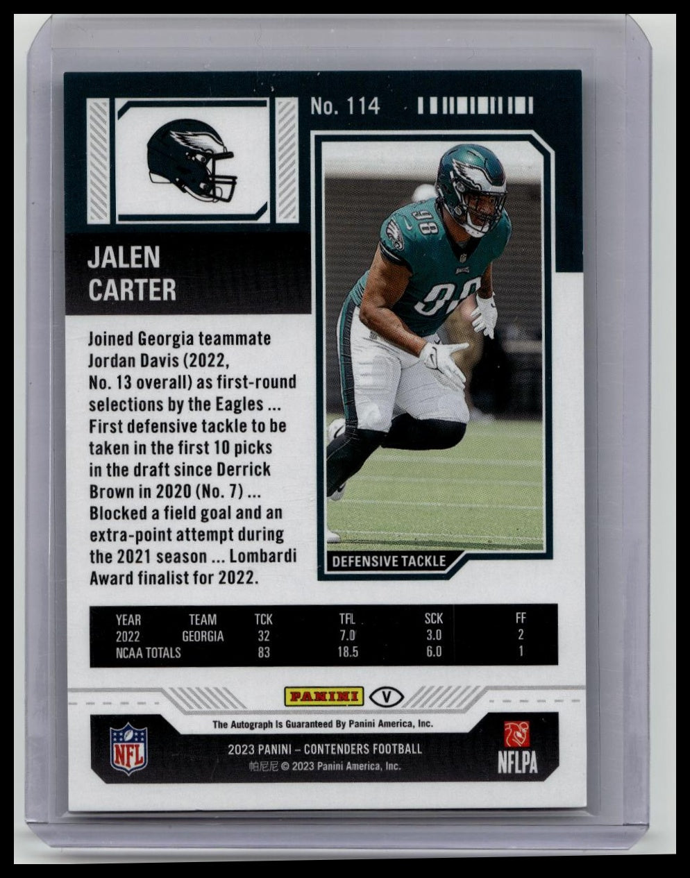 Jalen Carter 2023 Panini Contenders Rookie Ticket Auto Green Laser #114 Eagles
