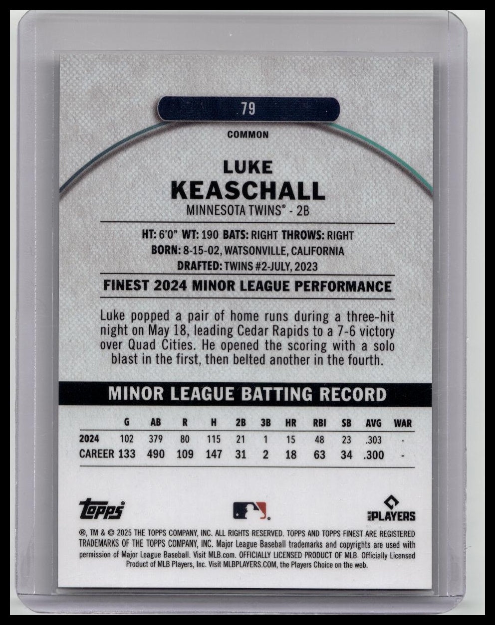 2025 Topps Finest Luke Keaschall Rookie RC #79 Gold Refractor Twins 37/50