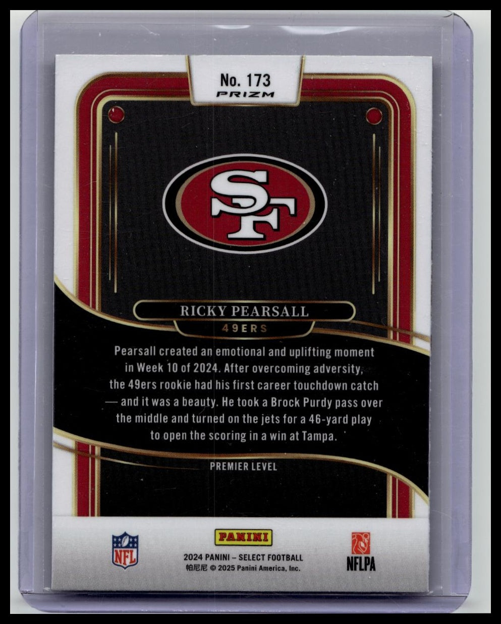 2024 Panini Select Ricky Pearsall RC Orange Black Shock Prizm Premier Level #173 49ers