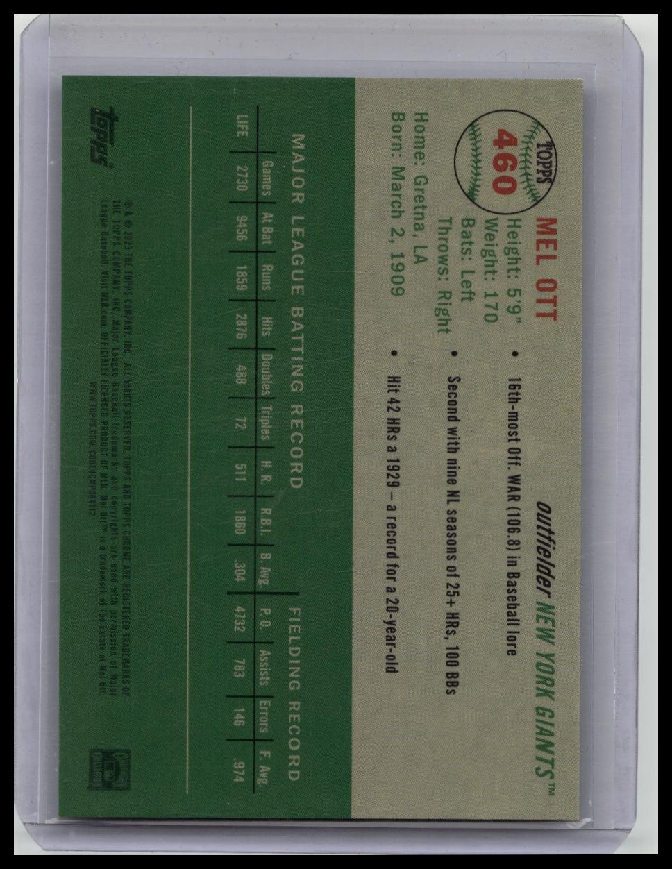 2023 Topps Chrome Platinum Mel Ott Rose Gold Refractor #05/75 HOF 500HR Club