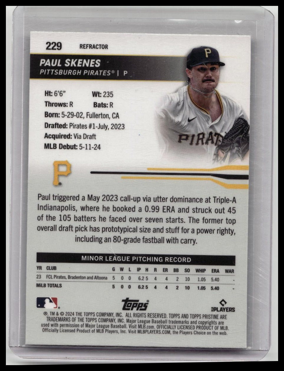 2024 Topps Pristine Paul Skenes RC Refractor Rookie #229 Pirates