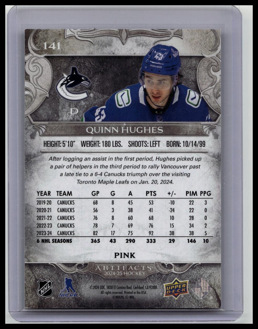 2024-25 Upper Deck Artifacts - Stars Quinn Hughes #141 Pink /35
