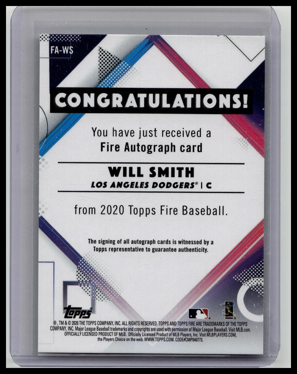 2020 Topps Fire Will Smith Fire Autographs #FA-WS Auto Dodgers